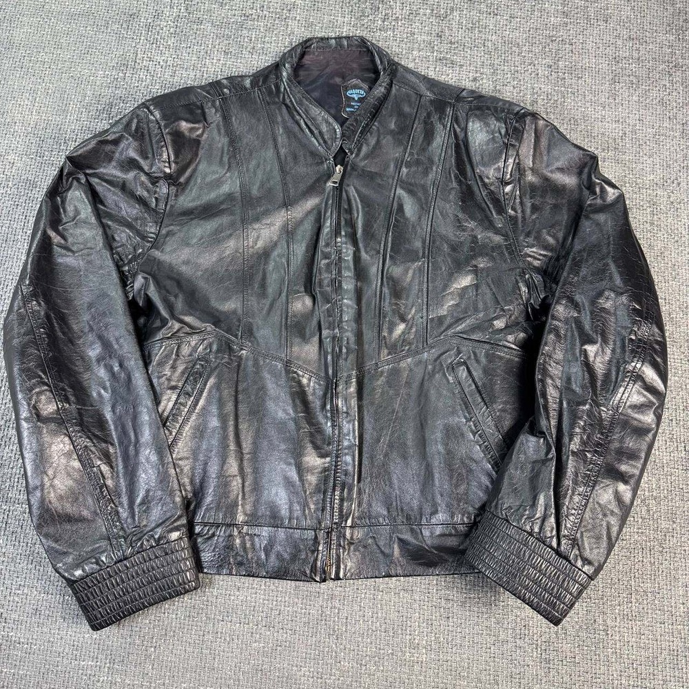Vaqueta Leather Cafe Racer Jacket Mens 46 Black Vintage 90s Y2K Zip Up